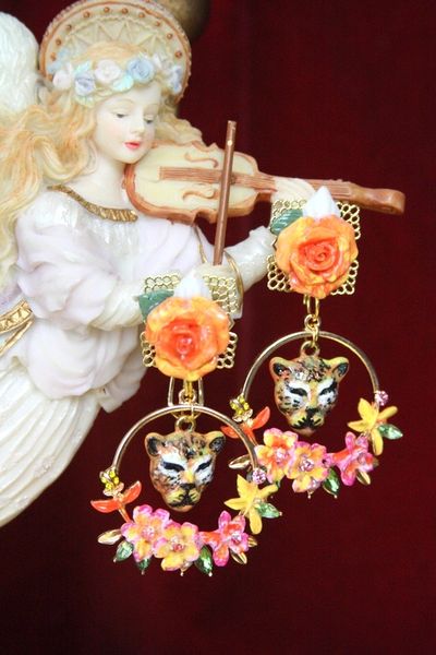 SOLD! 4402 Baroque Hand Painted Leopard Orange Flowers Studs Earrings