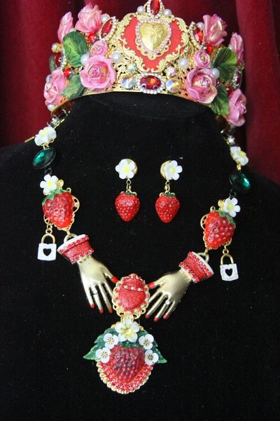 SOLD! 4403 Set Of Unique Sicilian Strawberry Hands Sacred Heart Hand Painted Necklace+ Earrings