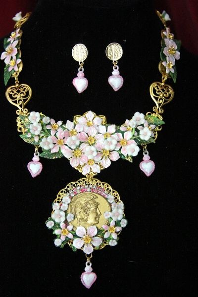 SOLD! 4405 Set Of Baroque Roman Coin Flower Blossom Sacred Heart Hand PaintedHuge Necklace+ Earrings