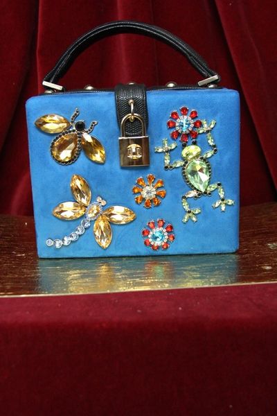 SOLD! 3217 Velvet Square Box Blue Insect and Frog Purse/Handbag