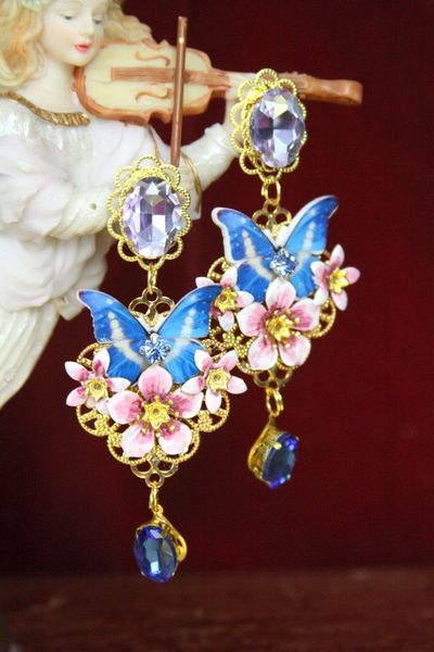SOLD! 4413 Baroque Butterfly Blue Crystal Flowers Studs Earrings