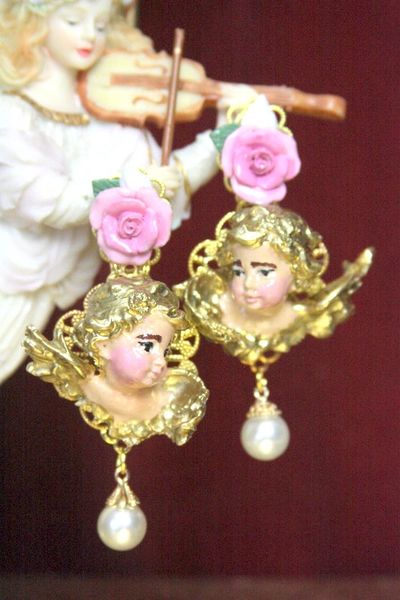 SOLD! 4414 Baroque Hand Painted Vivid Faced Cherubs Angels Studs Earrings