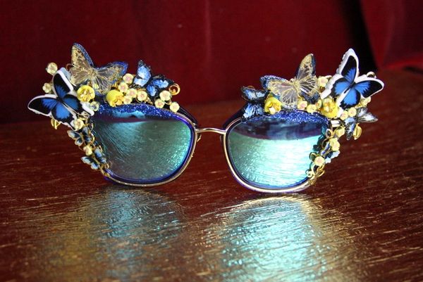 SOLD! 4415 Baroque Blue Mirror Butterfly Glitter Embellished Sunglasses