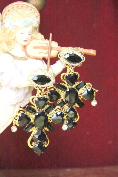 4420 Baroque Black Crystal Coin Studs Earrings
