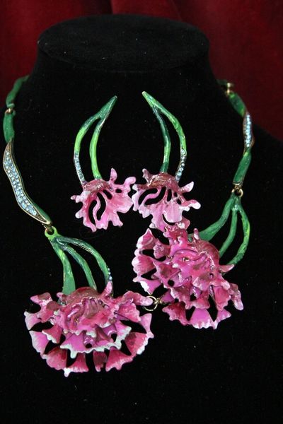 SOLD! 4421 Set Of Hand Painted Vivid Carnations Necklace+ Earrings