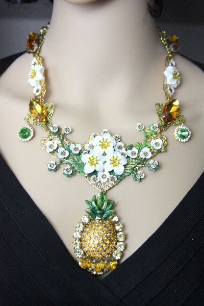 SOLD! 4425 Set Of Baroque Crystal Pineapple Flower Blossom Hand Painted Huge Necklace+ Earrings