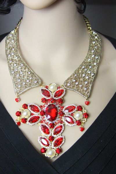 SOLD! 4426 Baroque Crystal Red Cross Huge Necklace Filigree Collar