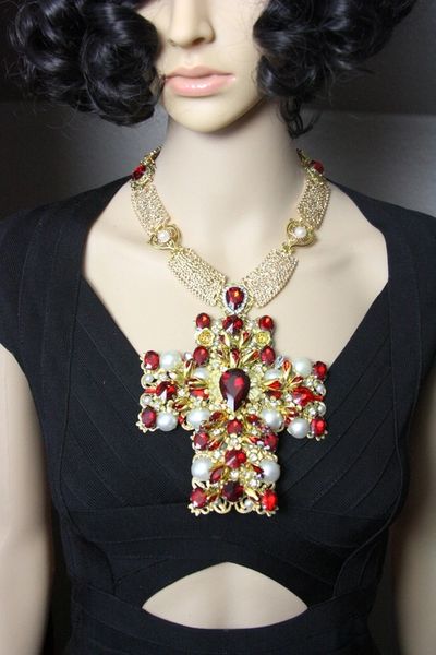 SOLD! 4428 Baroque Crystal Red Cross Huge Necklace Filigree Collar
