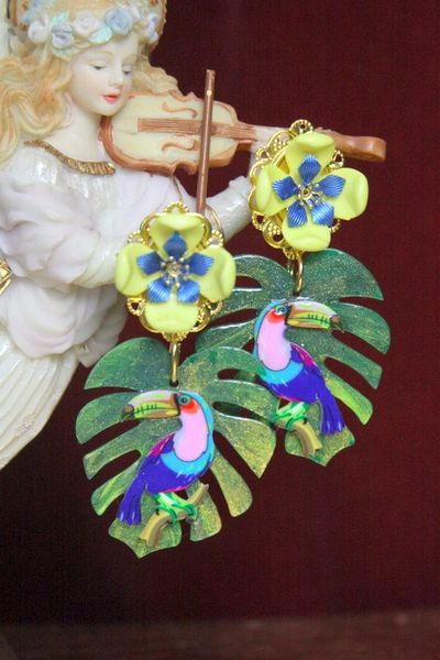 SOLD! 4433 Peculiar Hand Painted Palm Leaf Toucan Bright Massive Studs Earrings