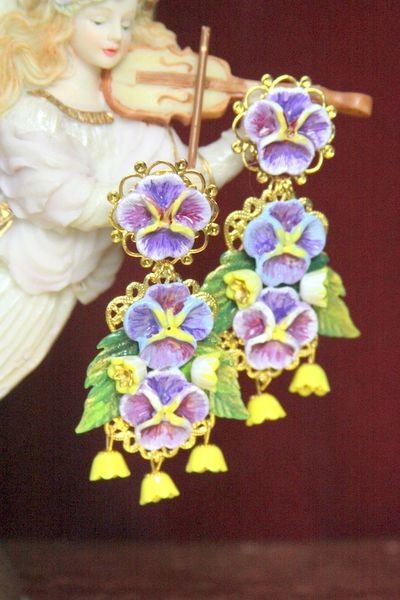 SOLD! 4434 Baroque Vivid Hand Painted Violet Flowers Studs Earrings
