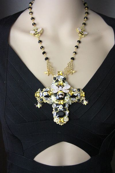 SOLD! 4435 Set Of Baroque Crystal Enamel Bee Flowers Cross Huge Necklace + Earrings