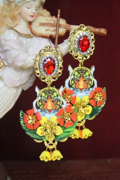 SOLD! 4437 Baroque Designer Inspired Vivid Tiger Flowers Studs Earrings