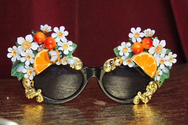 SOLD! 4438 Baroque Orange Fruit Flowers Bee Hand Painted Embellished Sunglasses