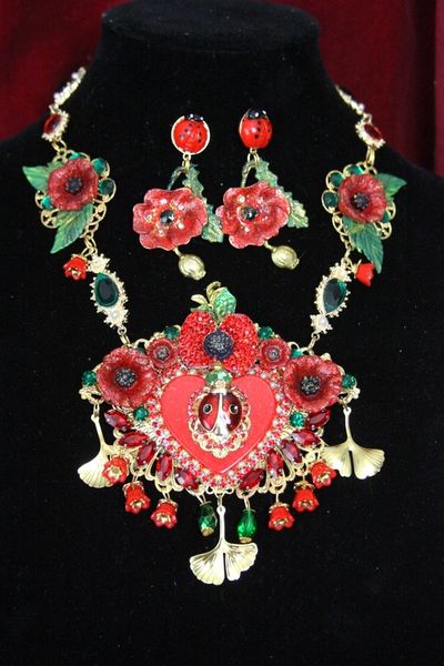 SOLD! 4444 Set Of Baroque Crystal Poppy Ladybug Necklace + Earrings