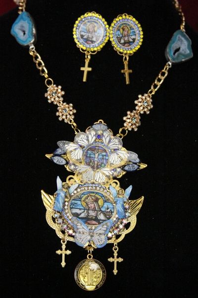SOLD! 4445 Set Of Stained Glass Virgin Mary Butterfly Agate Necklace + Earrings