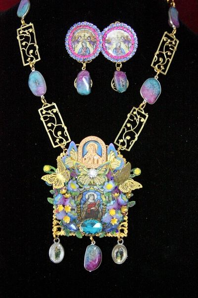 4446 Set Of Stained Glass Virgin Mary Butterfly Solar Quartz Necklace + Earrings