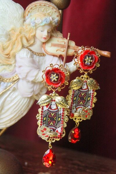 SOLD! 4449 Baroque Designer Inspired Queen Of Hearts Cards Studs Earrings