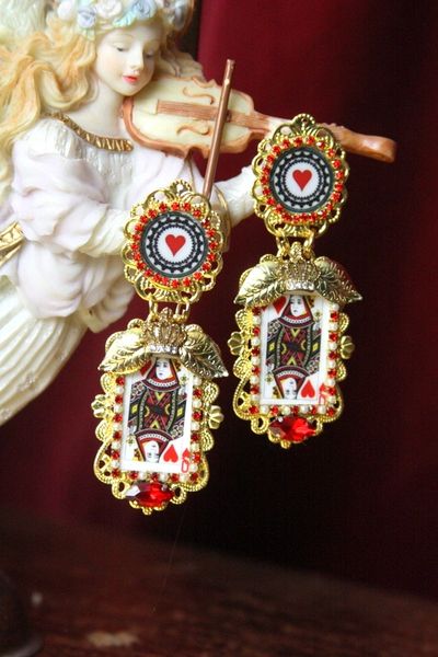 SOLD! 4450 Baroque Designer Inspired Queen Of Hearts Cards Studs Earrings