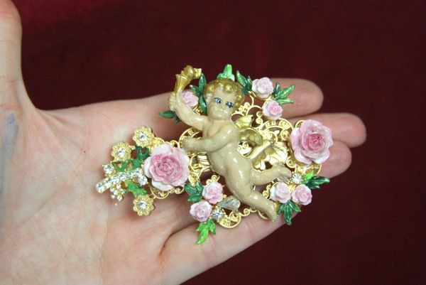 SOLD! 4451 Barrette Baroque Vivid Cherub Roses Hand Painted Crystal