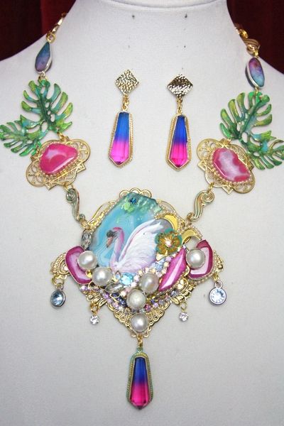 SOLD! 4456 Set Of Genuine Hand Painted Agate Swan Tourmaline Unique Necklace + Earrings