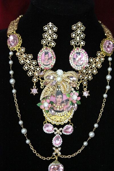 SOLD! 4457 Set Of Audrey Hepburn Crystal Pearl Necklace + Earrings