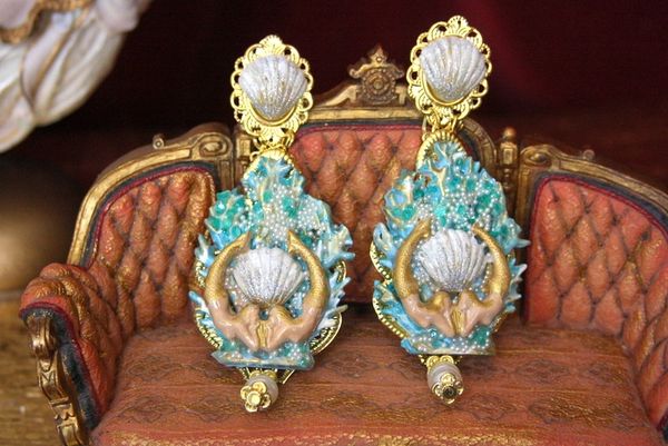 SOLD! 4458 Baroque Hand Painted Coral Reef Mermaids Stunning Studs Earrings
