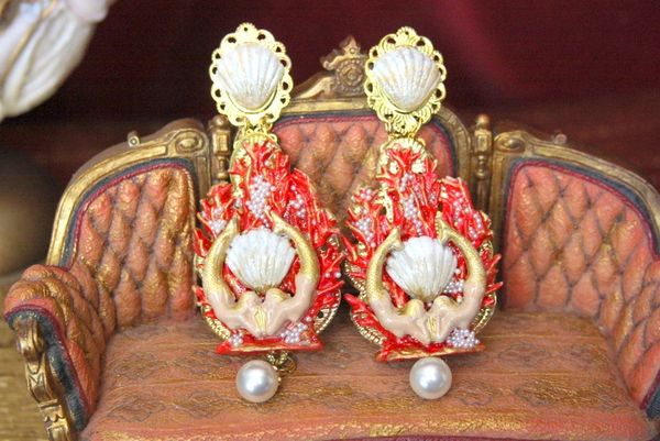 SOLD! 4459 Baroque Hand Painted Red Coral Reef Mermaids Stunning Studs Earrings