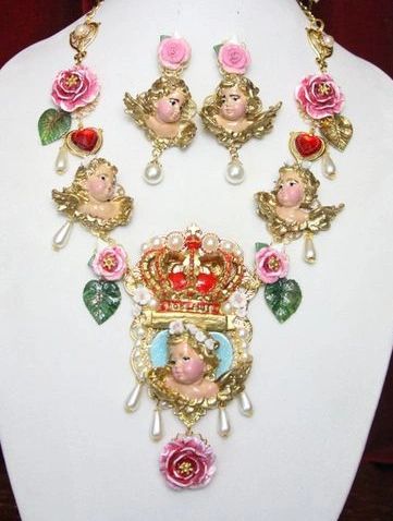 SOLD! 4464 Total Baroque Crown Hand Painted Vivid Cherubs Angels Crown Necklace