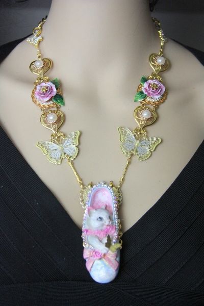 SOLD! 4468 Set Adorable Hand Painted 3D Effect Kitty In a Ballerina Shoe Butterfly Roses Necklace + Earrings