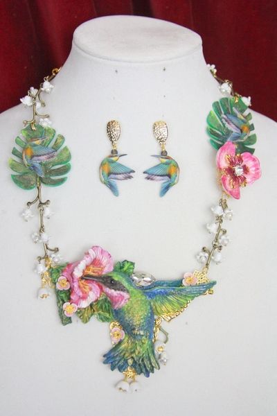 SOLD! 4469 Set Huge Hand Painted 3D Effect Vivid Hummingbird Lilly Of The Valley Necklace + Earrings