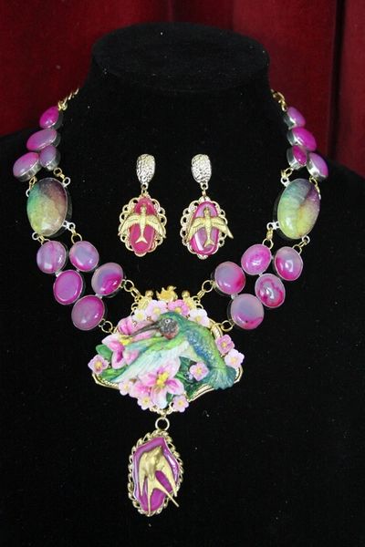 SOLD!4470 Set Genuine Agate Rainbow Solar Quartz Hand Painted 3D Effect Vivid Hummingbird Lilly Of The Valley Necklace + Earrings
