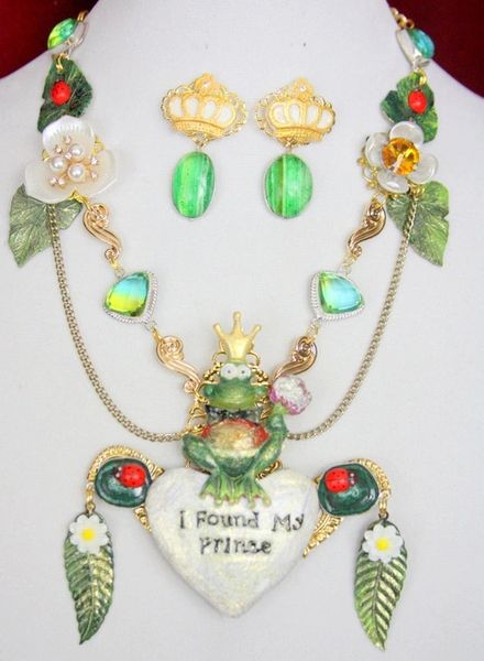 SOLD! 4477 Set Of Unique The Frog Prince Genuine Green Agate Tourmaline Hand Painted Necklace+ Earrings
