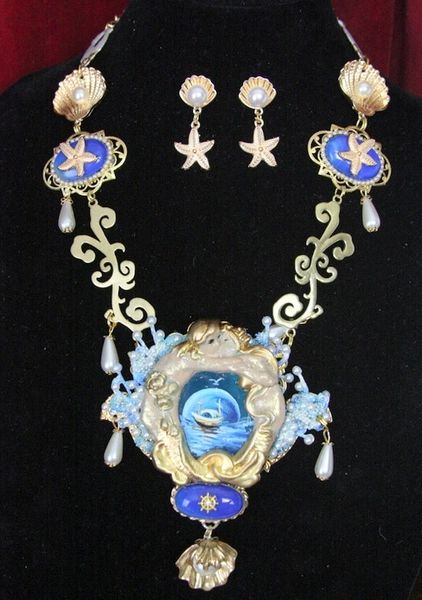 SOLD! 4479 Set Genuine Agate Hand Painted 3D Effect Vivid Kissing Mermaids Titanium Druzy Necklace + Earrings