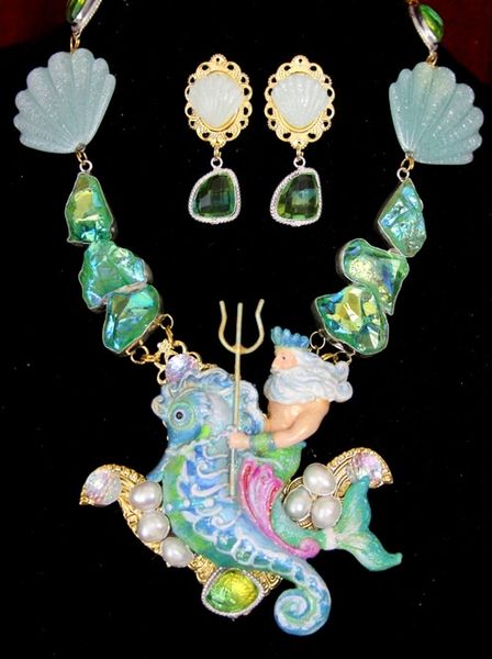 SOLD! 4480 Set Of Genuine Sliced Agate Tourmaline Hand Painted 3D Effect Vivid Neptun Seahorse Shell Unusual Necklace + Earrings