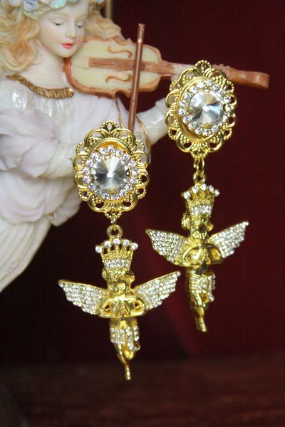 SOLD! 4485 Total Baroque Clear Crystal Cherub Angel Crown Studs Earrings