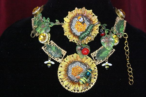 SOLD! 4489 Baroque Huge Crystal Sunflower Leaf Bee Hand Painted Necklace