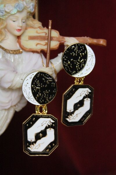 SOLD! 4490 Enamel Goth Celestial Hands Unusual Studs Earrings