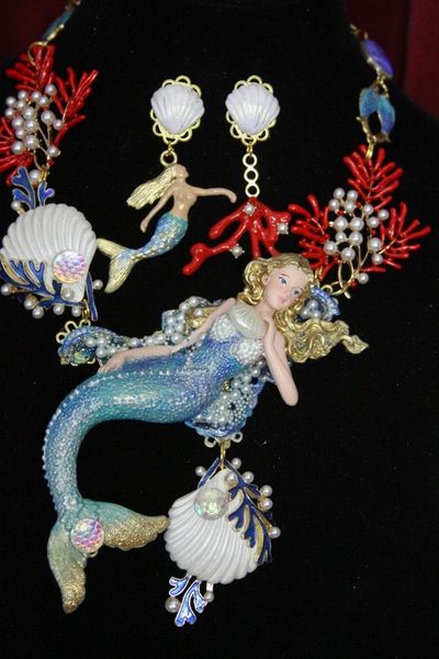 SOLD! 4492 Set Of Peculiar Hand Painted Huge Mermaid Coral Reef Necklace+ Earrings
