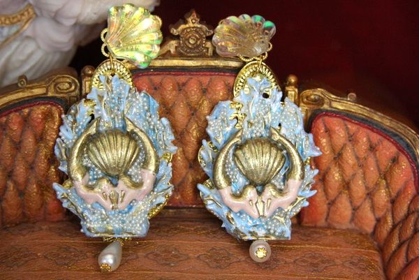 SOLD! 4493 Baroque Hand Painted Blue Coral Reef Mermaids Stunning Studs Earrings