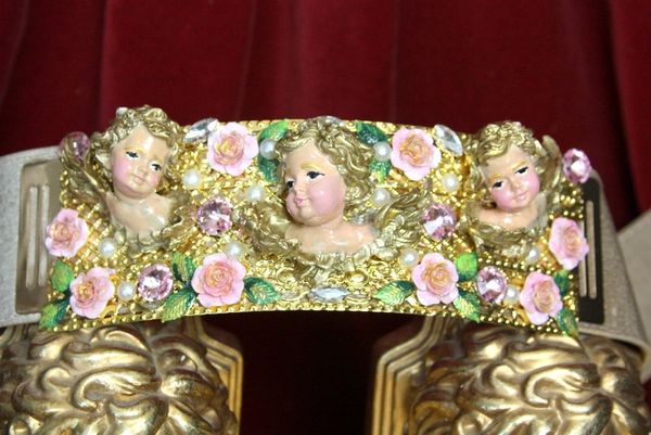 SOLD! 4499 Baroque Chubby Vivid Huge Cherub Angel Hand Painted Velvet Roses Waist Belt Size L, XL