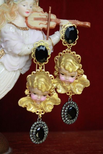 SOLD! 4500 Total Baroque Vivid Cherubs Black Crystal Studs Earrings