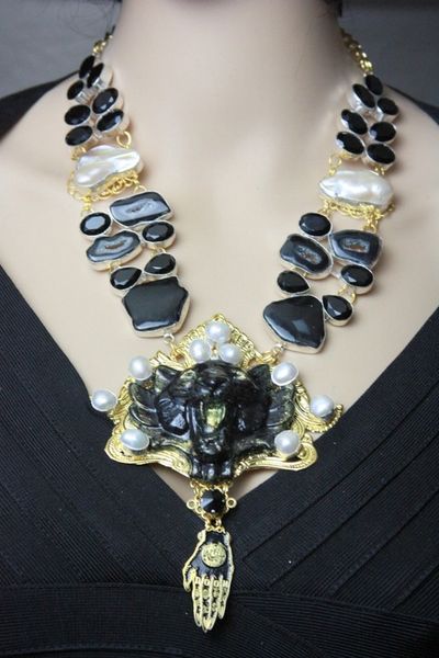 SOLD! 4505 Set Of Genuine Black Agate Unusual Black Tiger Necklace+ Earrings