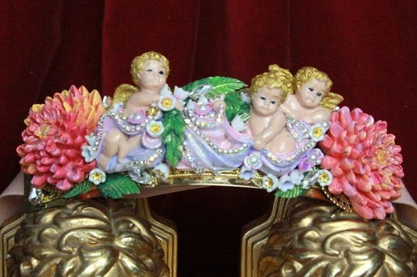 SOLD! 4506 Baroque Vivid Huge Cherubs Angels Chrysanthemum Hand Painted Waist Belt Size L, XL