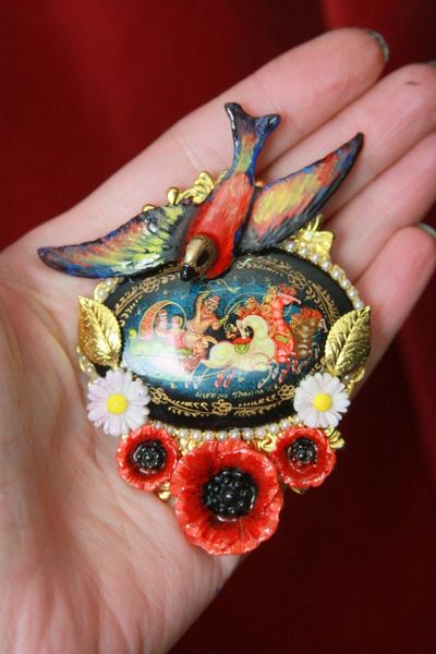 SOLD! 4520 Hand Painted Russian Revival Bird Poppy Unique Brooch