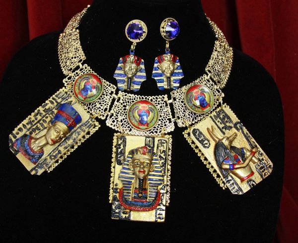SOLD! 4521 Set Of Egyptian Revival Paraoh Hand Painted 3D Effect Statement Necklace+ Earrings