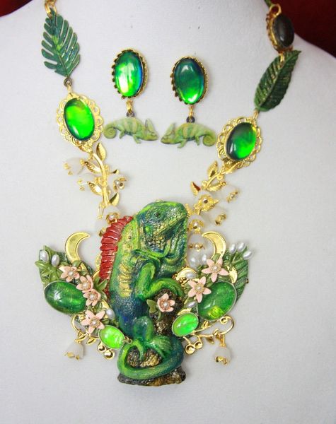 SOLD! 4522 Set Of Genuine Australian Triplet Opal San Sitara Hand Painted Vivid Iguana Necklace+ Earrings