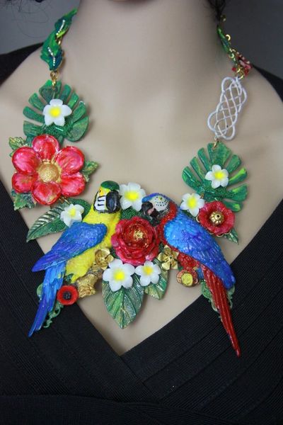 SOLD! 4523 Vivid Art Nouveau Parrots Birdcage Enamel Flower Set