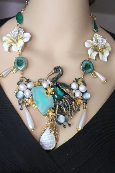 SOLD! 4525 Set Of Genuine Botswana Agate Hand Painted Stork Orchids Necklace+ Earrings