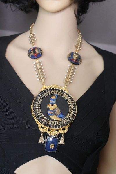 SOLD! 4526 Set Of Genuine Sapphire Egyptian Revival Hand Painted 3D Effect Statement Pendant Necklace+ Earrings
