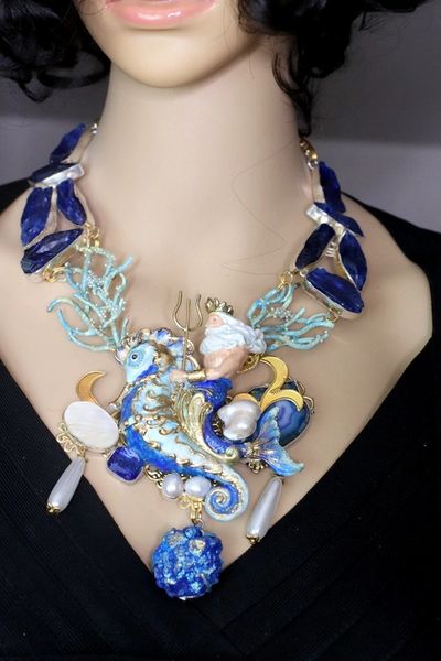 SOLD! 4527 Set Of Genuine Sliced Druzy Agate, Agate, Water Pearls Hand Painted 3D Effect Vivid Neptun Seahorse Shell Unusual Necklace + Earrings